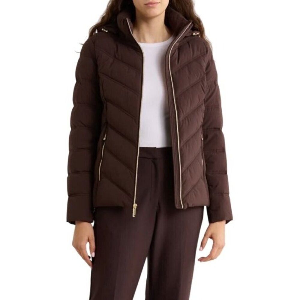 Michael Kors Womens Brown Quilted Puffer Zip Up Hooded Chevron Jacket Sz XL New